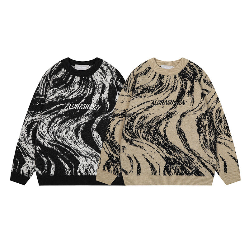 Letter embroidery loose round neck pullover knitted sweater for men