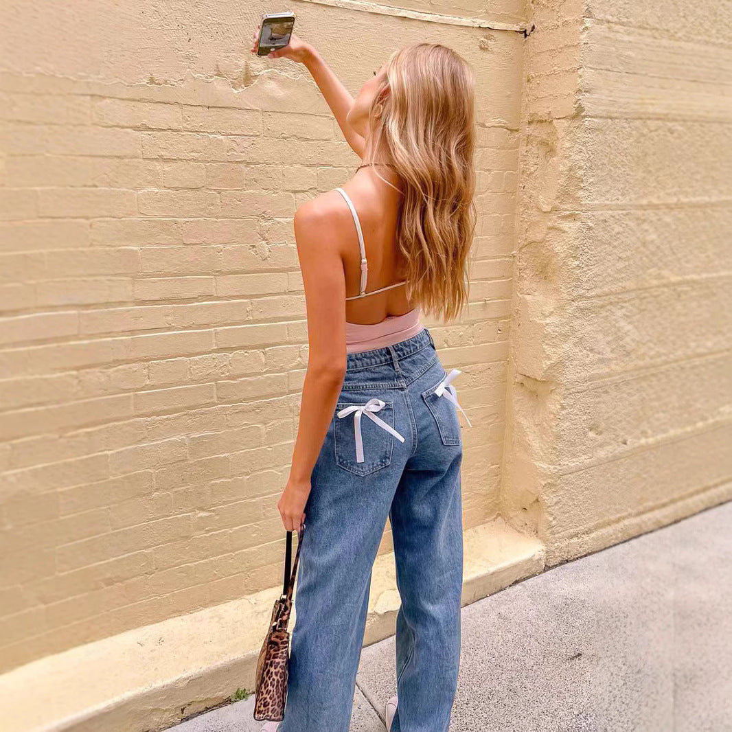 Straight bow denim pants for women