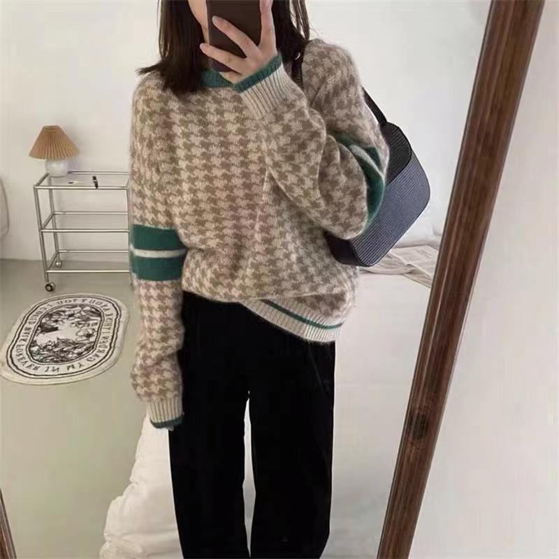 Winter new lazy style Japanese retro houndstooth sweater for women, autumn and winter loose design top for women