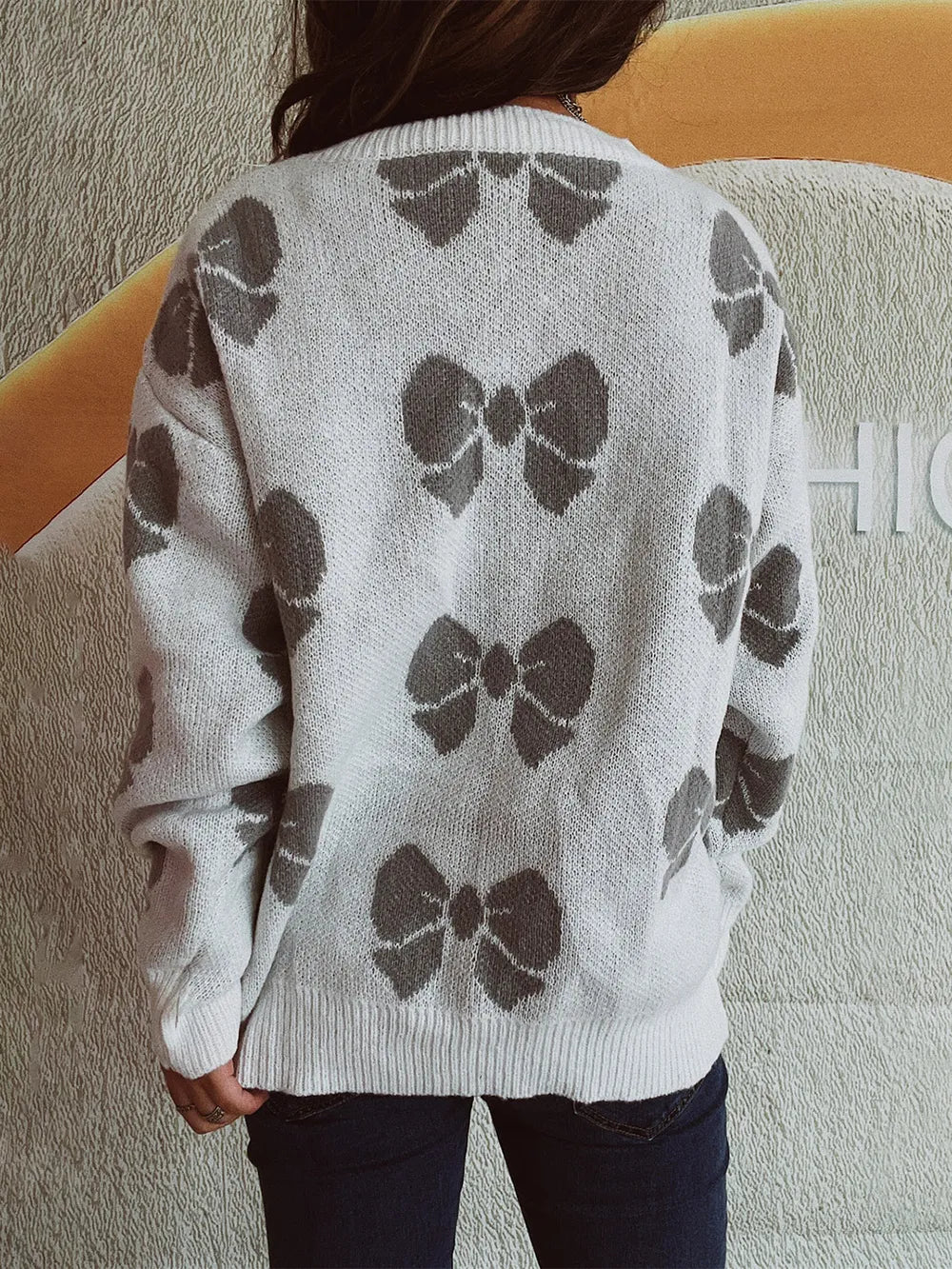 Loose bow sweater pullover knitted sweater for women