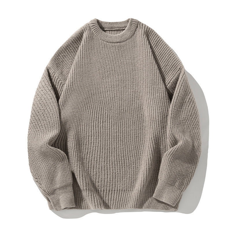 Solid color round neck sweater for men