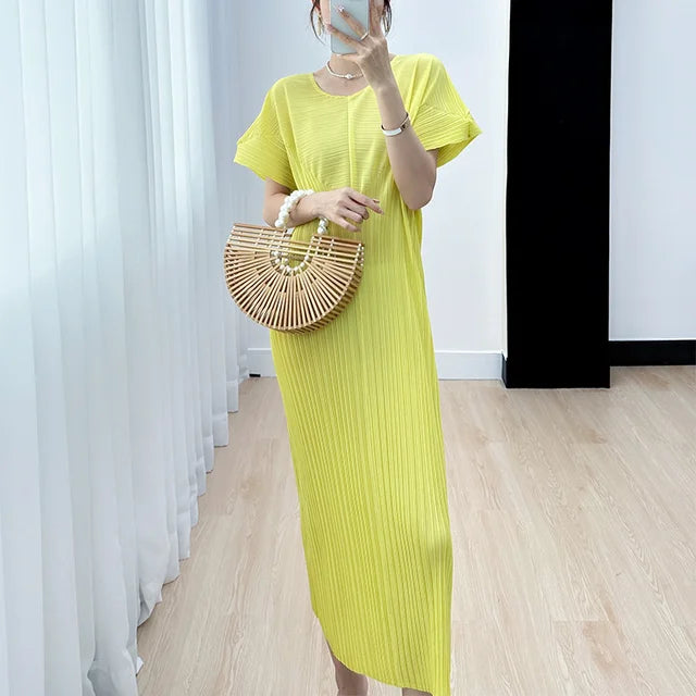 Pleated O Neck Dress Women New Spring Summer Straight Long Short Style Loose Solid Color Casual Cloth