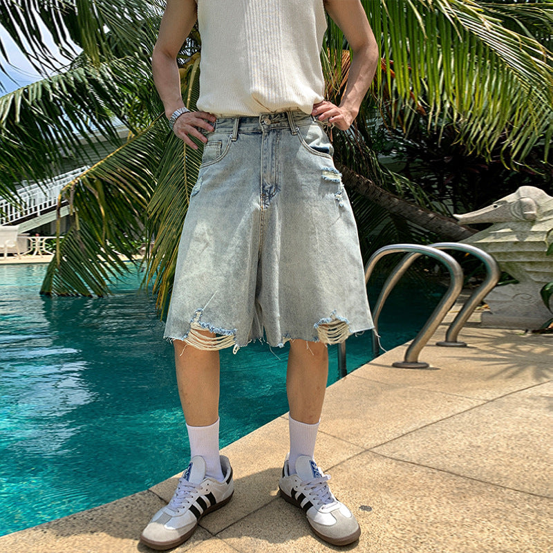 Washed distressed denim shorts for men