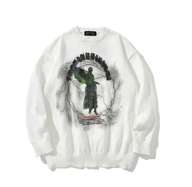 Diablo statue print sweater for men and women round neck pullover sweater angel lightning print streetwear