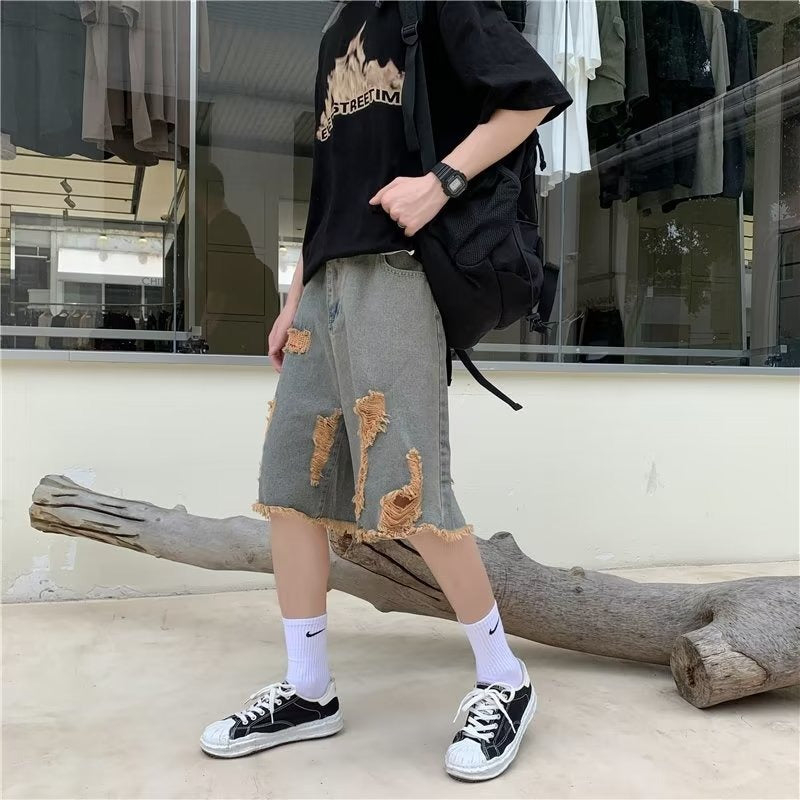 Summer washed distressed denim shorts for men