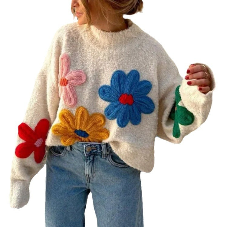 Colorful small flower sweater  pullover knitted sweater for women