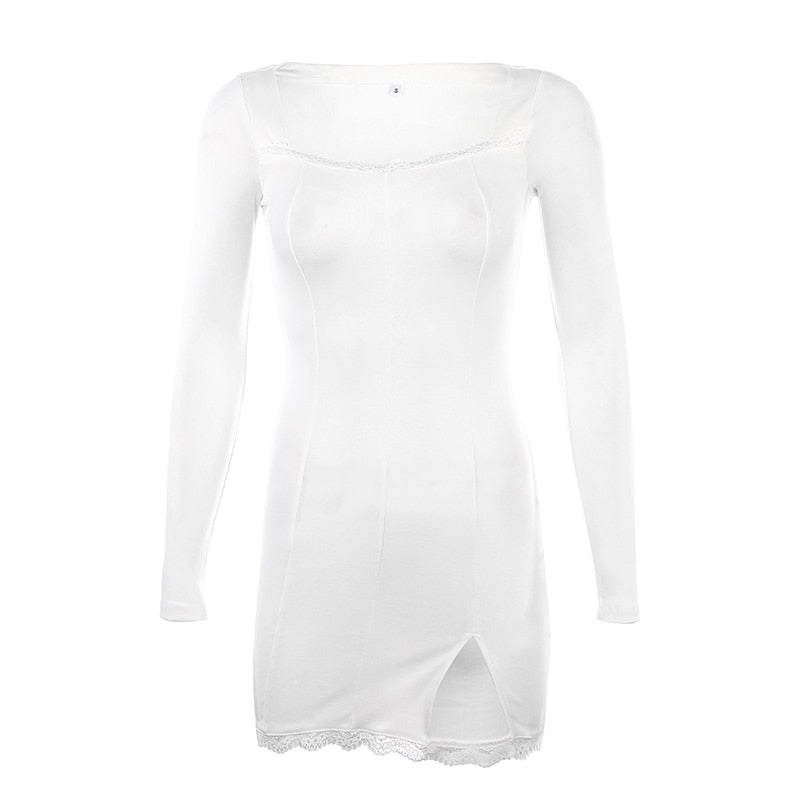 Autumn Spring Women Sexy Lace Patchwork Long Sleeve Split Dress Hip Package Mini Vestido Party Club Low Chest Outfits Cloth