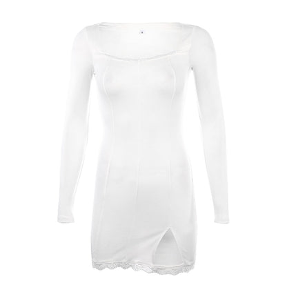 Autumn Spring Women Sexy Lace Patchwork Long Sleeve Split Dress Hip Package Mini Vestido Party Club Low Chest Outfits Cloth