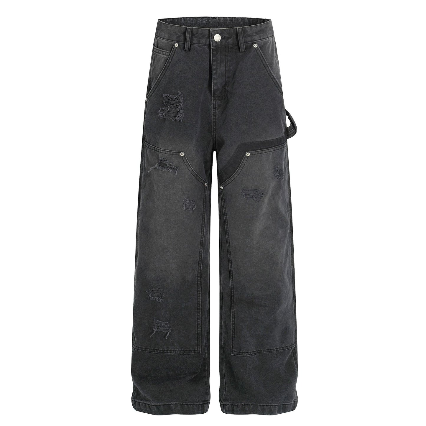 Street Style Unisex High-End Vintage Washed Black Design Loose Casual Denim Pants