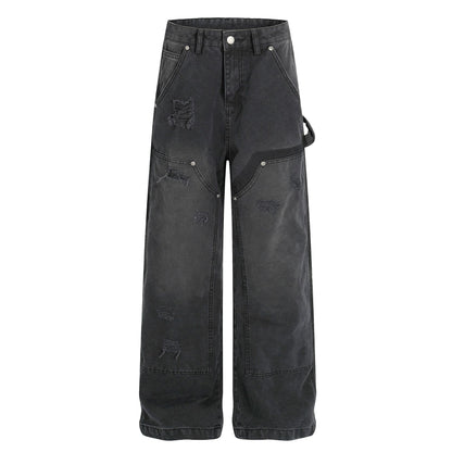 Street Style Unisex High-End Vintage Washed Black Design Loose Casual Denim Pants