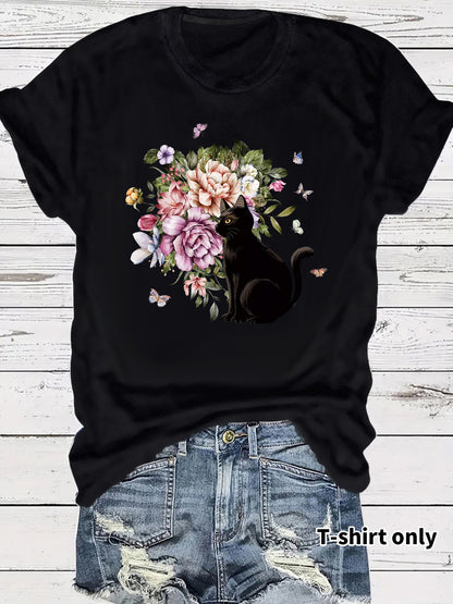 Round neck short sleeved t-shirt with lonely cat print