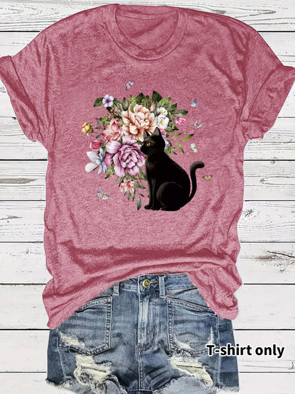 Round neck short sleeved t-shirt with lonely cat print