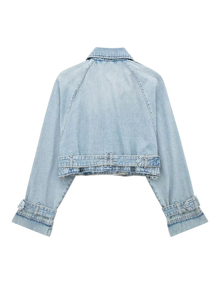 Women's Spring Denim Jackets Long Sleeve Crop Top Jacket With Belt Cropped Jean Jacket For Women