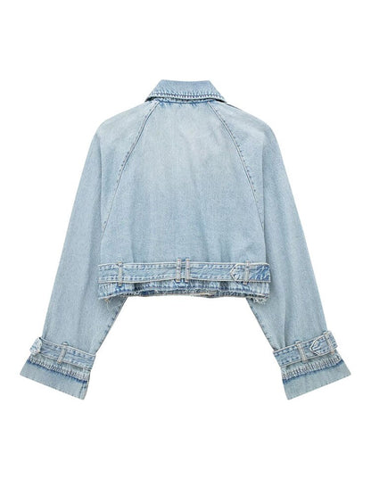 Women's Spring Denim Jackets Long Sleeve Crop Top Jacket With Belt Cropped Jean Jacket For Women