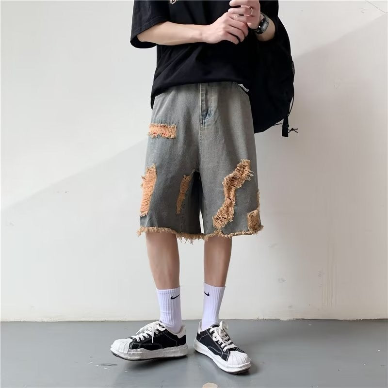 Summer washed distressed denim shorts for men
