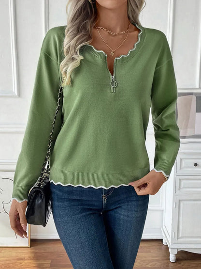 Solid color border open zipper sweater for women