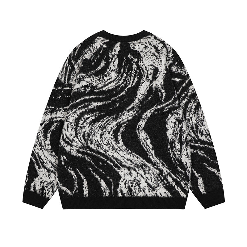 Letter embroidery loose round neck pullover knitted sweater for men