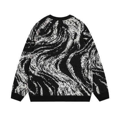 Letter embroidery loose round neck pullover knitted sweater for men