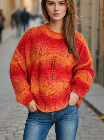 Hollow knit round neck pullover sweater for women