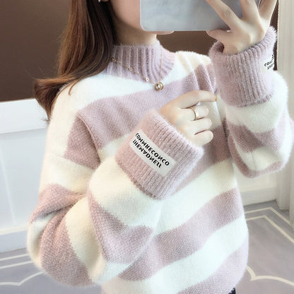 Sweater Women Turtleneck Pullover Jumper Stripe Thick Sweater Imitated Mink Wool Sweater Sweter Women Clothes