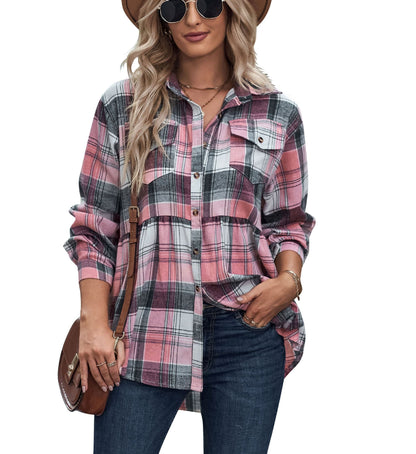 Women's Upper Garment Autumn And Winter New Product Lapel Long Sleeve Pocket Casual Plaid Shirt