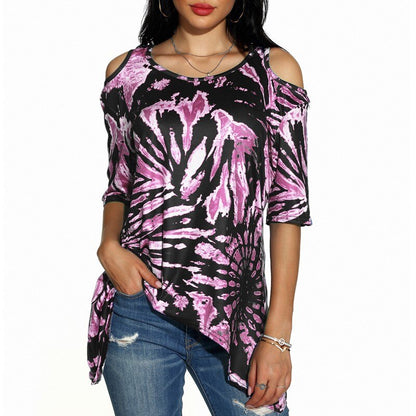 Drop Ship Women Summer Tie-dye Print Leakage Shoulder Tshirt Half Sleeve Women Loose Casual Print Shirts Top Womens Tees