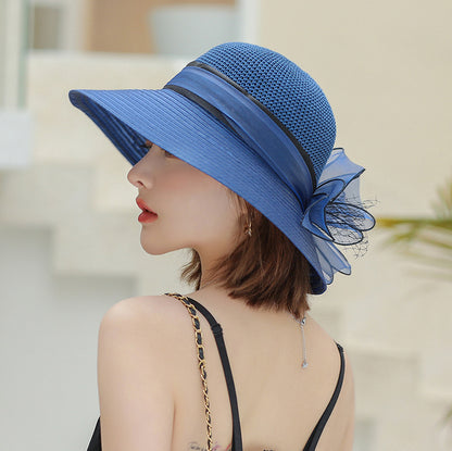 Summer Organza Big Brim Stitching Sun Hat Flower Fashion Sun Hat Holiday Beach Hat
