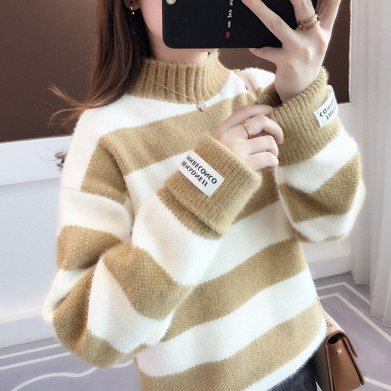 Sweater Women Turtleneck Pullover Jumper Stripe Thick Sweater Imitated Mink Wool Sweater Sweter Women Clothes