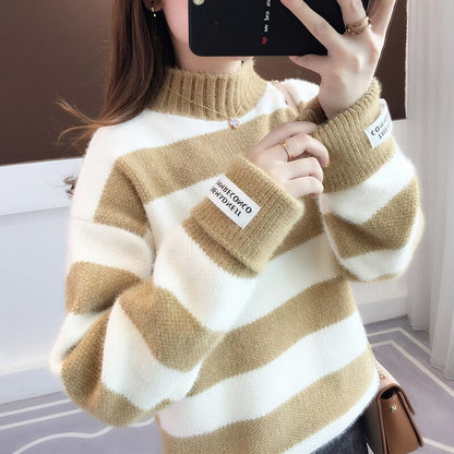 Sweater Women Turtleneck Pullover Jumper Stripe Thick Sweater Imitated Mink Wool Sweater Sweter Women Clothes