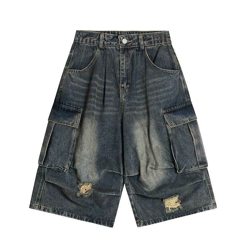 Washed multi pocket workwear denim shorts for men