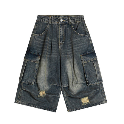 Washed multi pocket workwear denim shorts for men