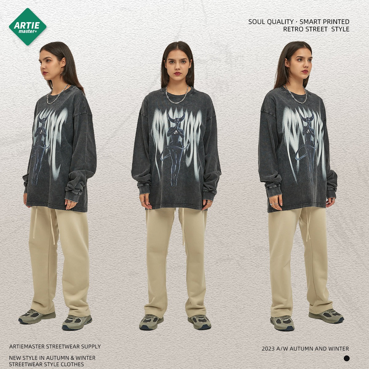 Autumn and Winter New Product Abstract and Virtual Digital Printing American Retro Men's Long sleeved T-shirt