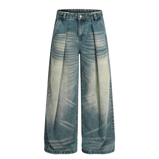 Street Style High-End Vintage Cat-Whisker Texture Pleated Design Men's Wide-Leg Casual Jeans