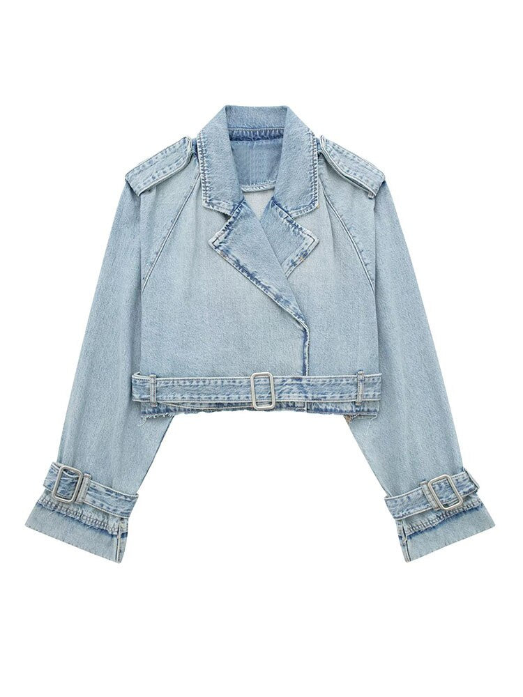 Women's Spring Denim Jackets Long Sleeve Crop Top Jacket With Belt Cropped Jean Jacket For Women