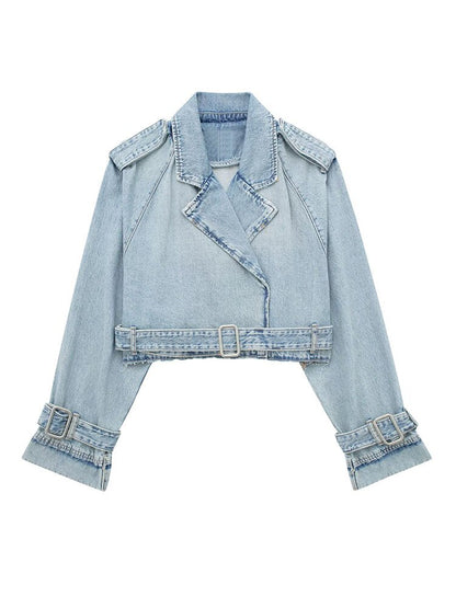 Women's Spring Denim Jackets Long Sleeve Crop Top Jacket With Belt Cropped Jean Jacket For Women