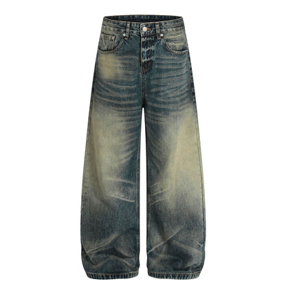 Street Style Unisex High-End Vintage Washed Black Design Loose Casual Denim Pants