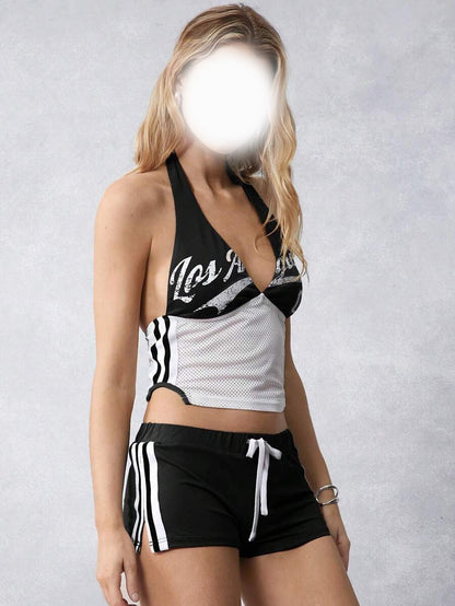 Street Trend Design Halter Neck Letter Print Short Length Versatile Fitted Slimming Tank Top