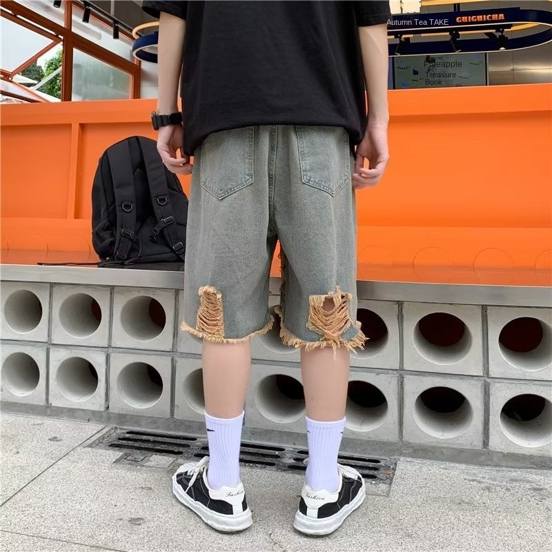 Summer washed distressed denim shorts for men