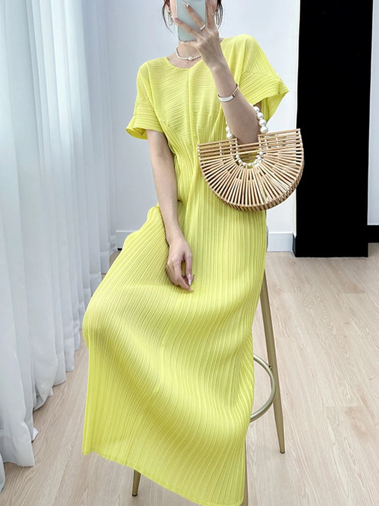 Pleated O Neck Dress Women  New Spring Summer Straight  Long Short Style Loose Solid Color Casual Cloth