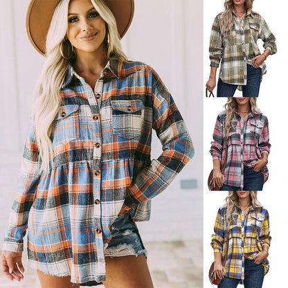 Women's Upper Garment Autumn And Winter New Product Lapel Long Sleeve Pocket Casual Plaid Shirt
