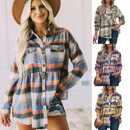 Women's Upper Garment Autumn And Winter New Product Lapel Long Sleeve Pocket Casual Plaid Shirt