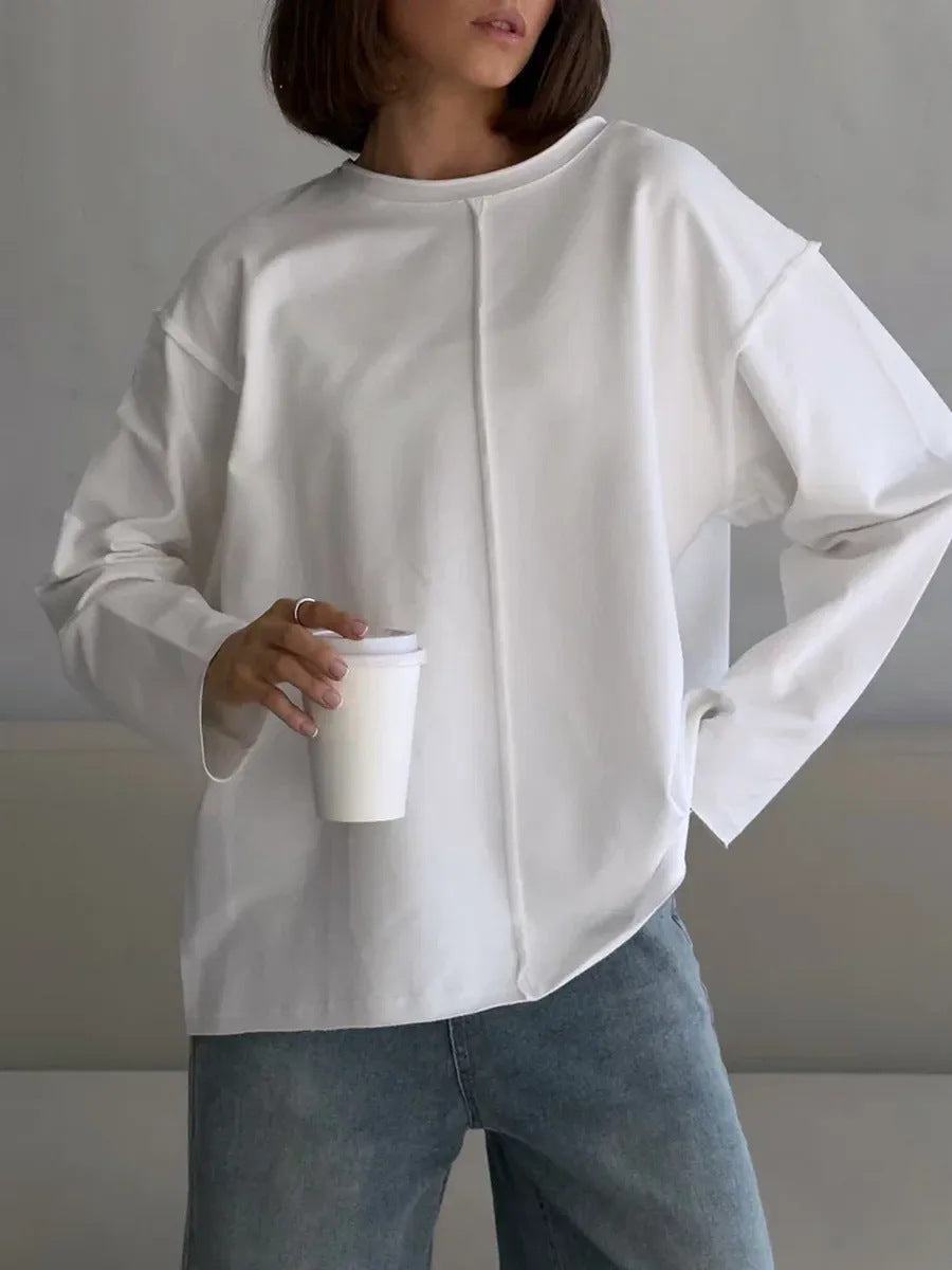 Worn-out Pure Cotton Long Sleeve T-Shirt for Women, Loose Soft Knitted Terry Cloth Top