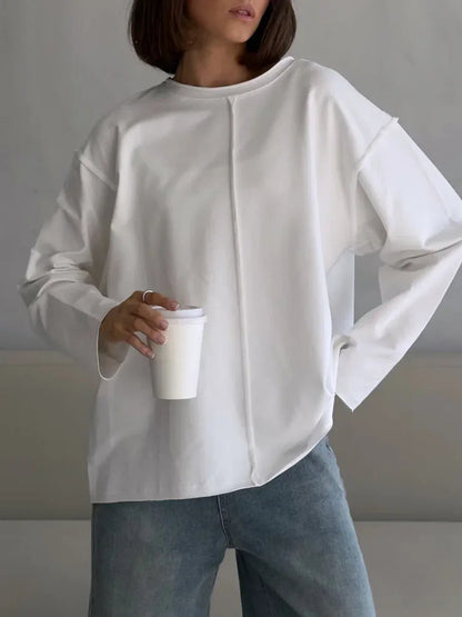 Worn-out Pure Cotton Long Sleeve T-Shirt for Women, Loose Soft Knitted Terry Cloth Top