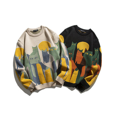 Jacquard round neck sweater loose knit sweater for men