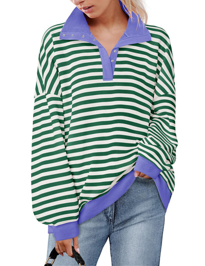 Loose casual lapel button striped sweatshirt for women