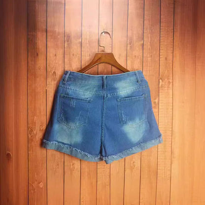 Printed ripped and flanged denim shorts for women