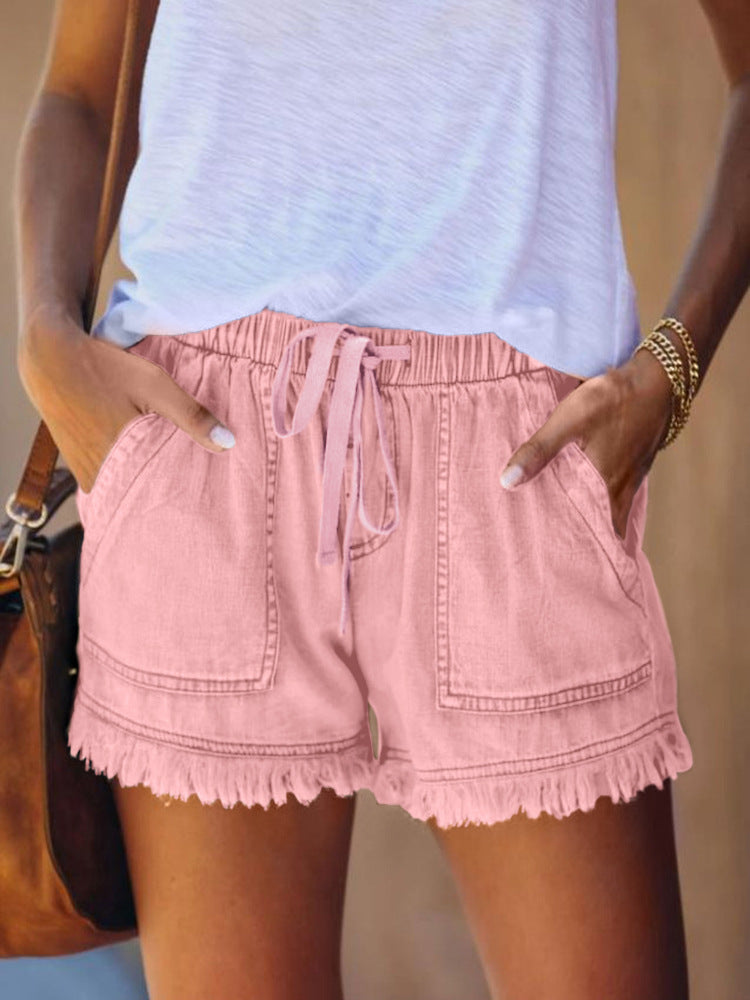 Elastic waist fringe denim shorts for women