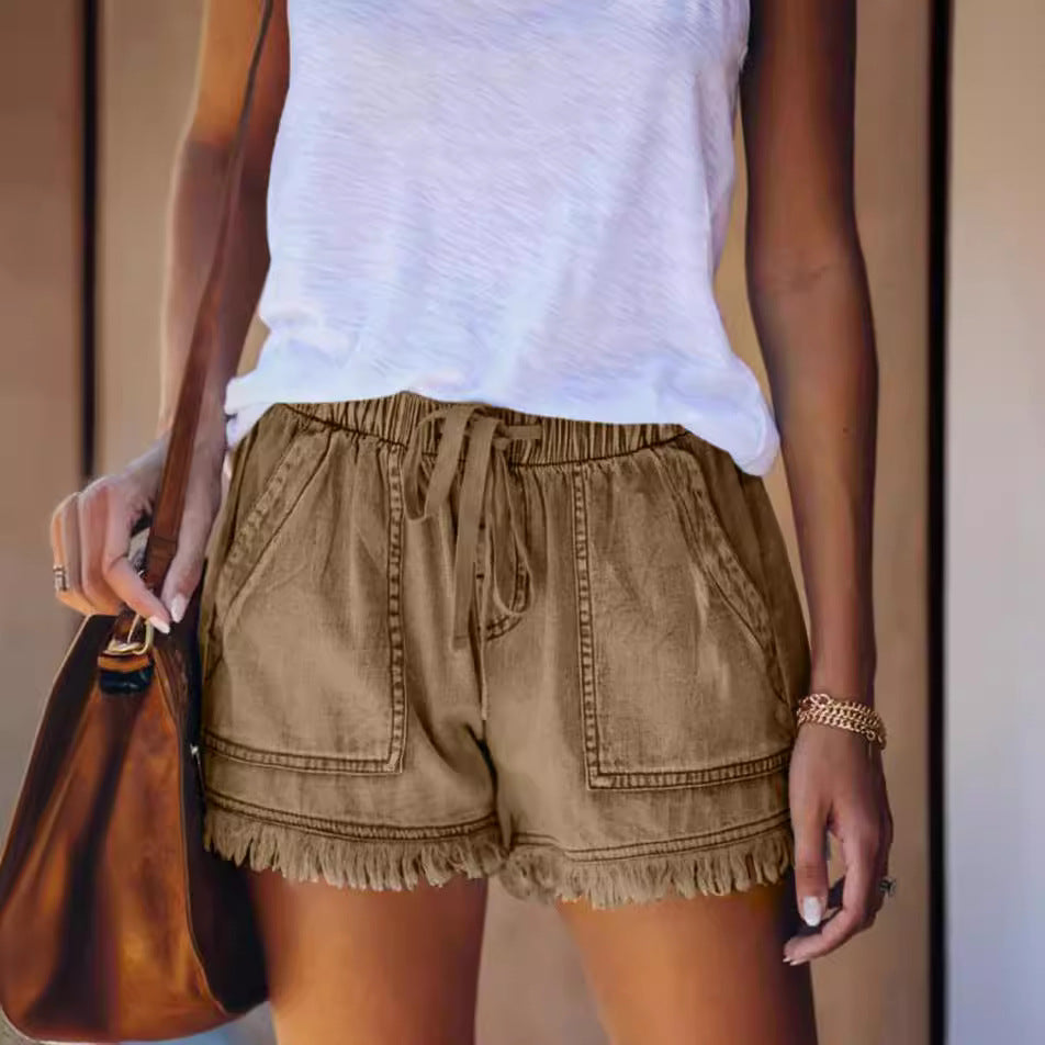 Elastic waist fringe denim shorts for women