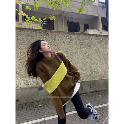 Women Sweater Patchwork Color Matching Pullover Sweater Tops Asymmetry Fashion Loose Knitting Tops Women