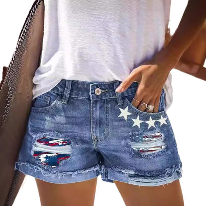 Printed ripped and flanged denim shorts for women